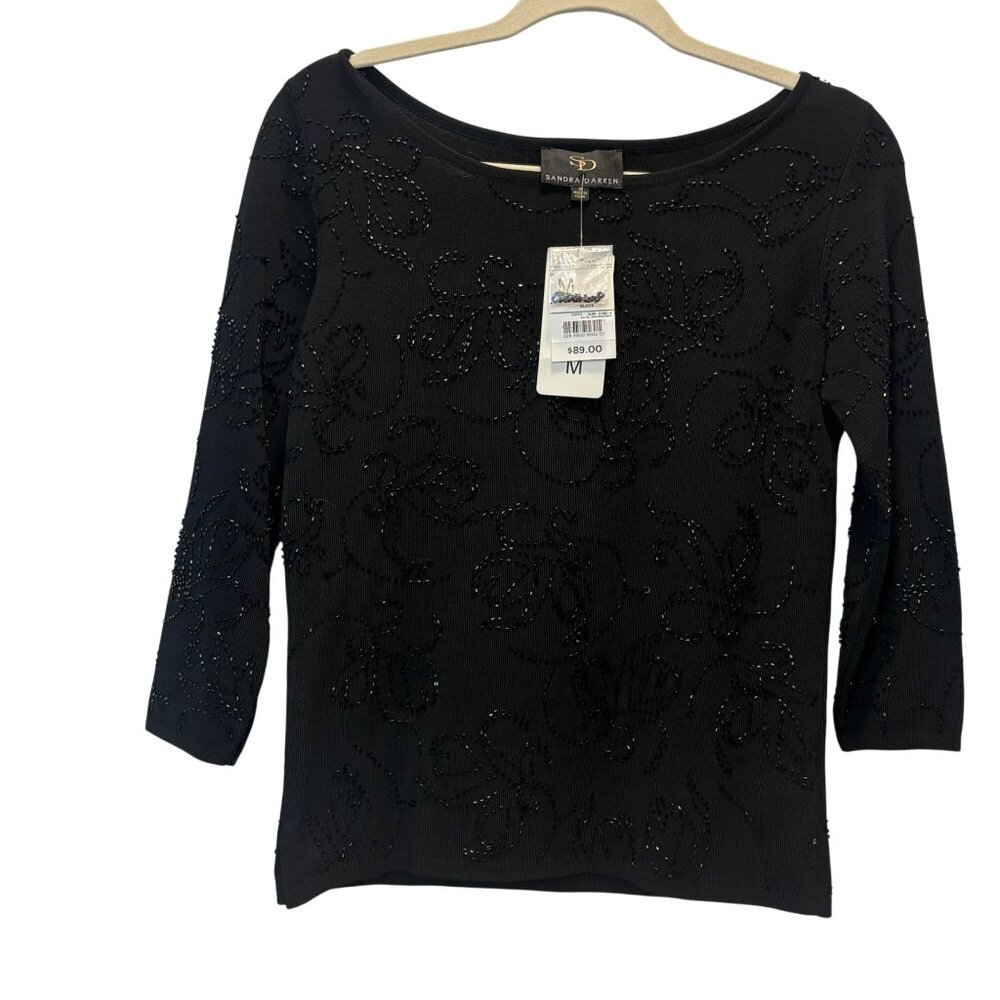 NEW Sandra Darren Black Beaded 3/4 Sleeve Knit Top‎ Scoop Med Elegant VTG Glam